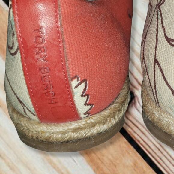 EUC Tory Burch Tropical Floral Print Coral/Sage/Cream Espadrille flats. Size 7. - Picture 11 of 13